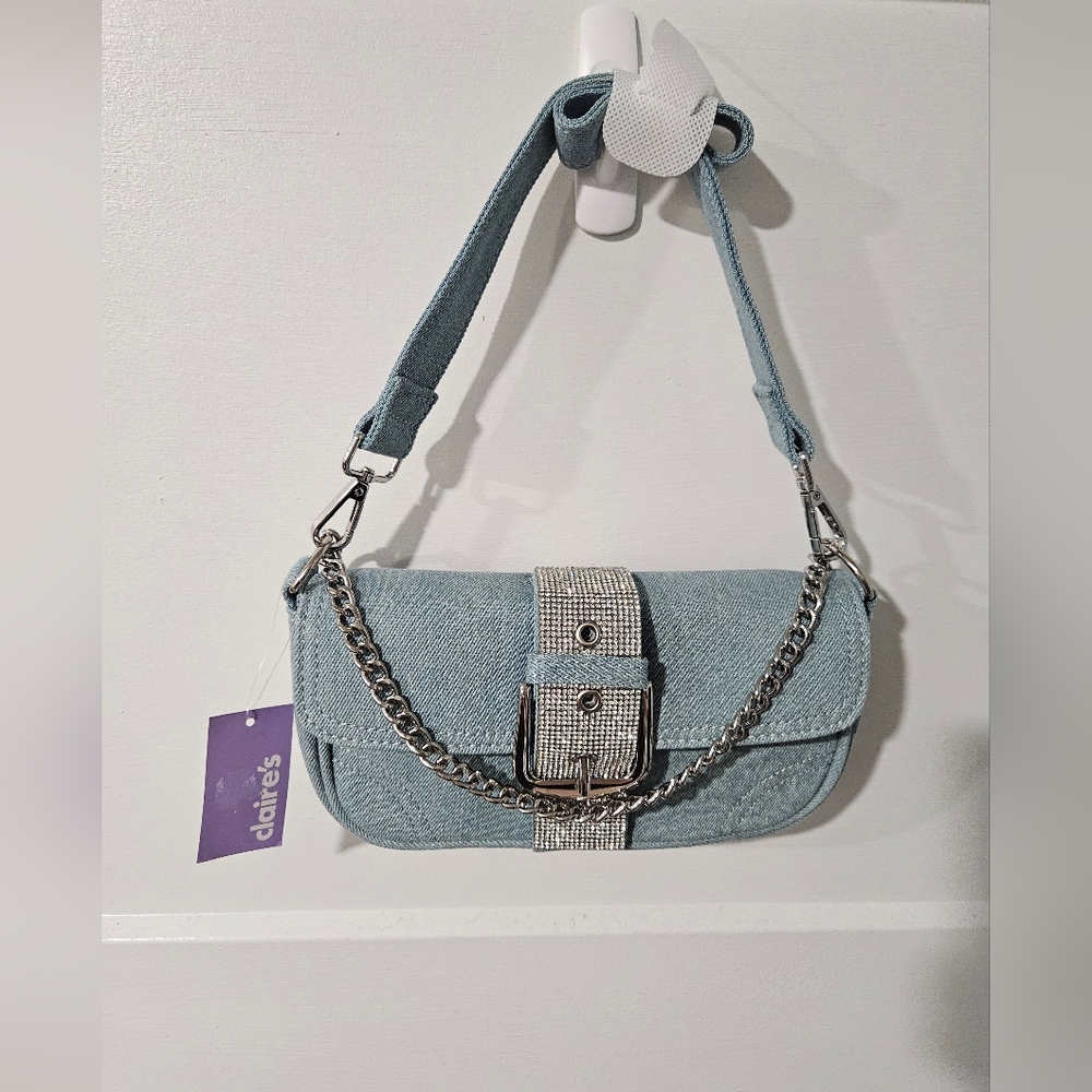 Claire’s Denim Baguette Shoulder Bag – Rhinestone Buckle, Chain Strap, Y2K Purse